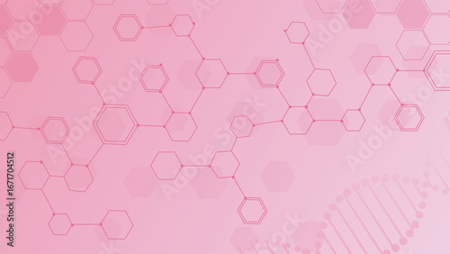Creative pink science background featuring molecular hexagon patterns dna strand and abstract medical research theme suitable for healthcare technology and education projects