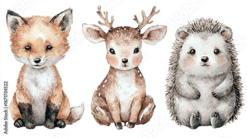 A trio of adorable forest animals, each with a unique personality, posing charmingly for a timeless watercolor portrait. Each creature, radiating innocence and warmth.