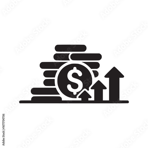 Illustration of stacked coins with a dollar sign and upward pointing arrows indicating growth