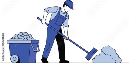 A worker is depicted sweeping debris into a container, performing cleaning duties.
