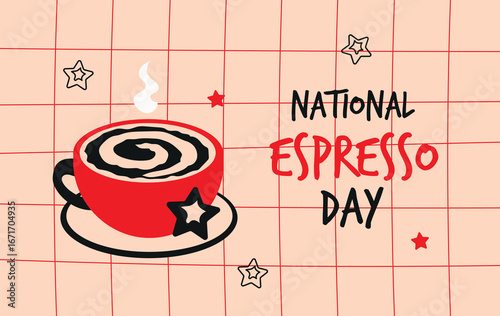 National Espresso Day with red cup of coffee card banner invitation poster