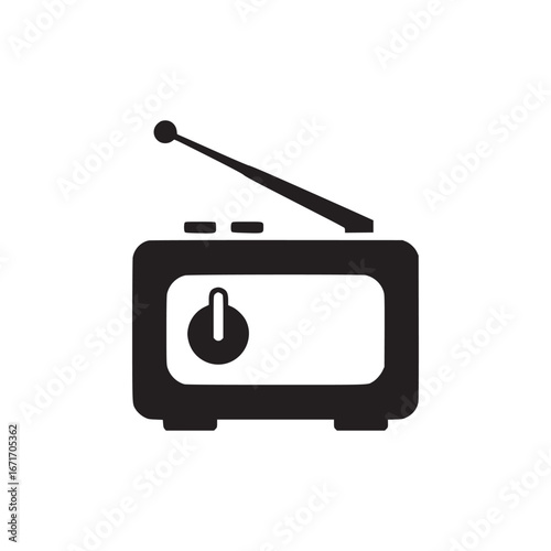 Illustration of a black radio with an antenna and a power button on a white background in vector format