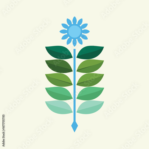 Stylized Plant Illustration with Green Leaves and Blue Flower.