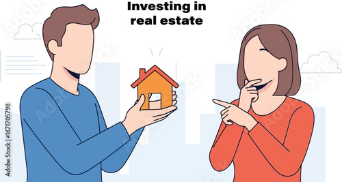 A man holds a small house while a woman points and considers investing in real estate.