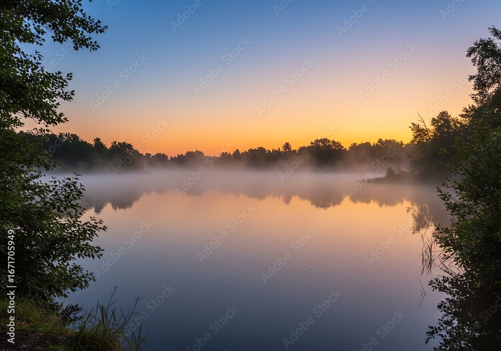 Fototapeta premium Tranquil lake with mist at dawn reflecting trees and sky in peaceful scene