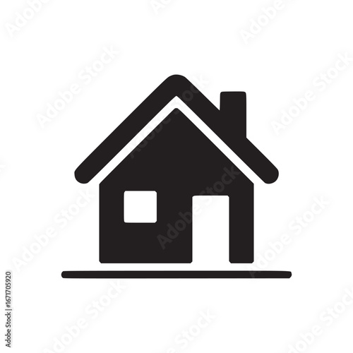 A simple black house icon with a chimney window and door on a white background with a thin black base