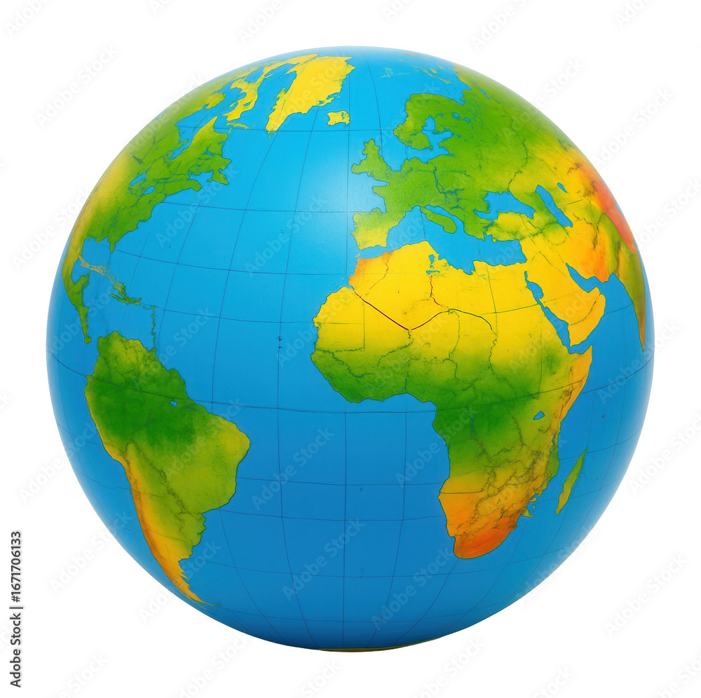 Naklejka premium Plastic globe with a blue ocean and colorful continents