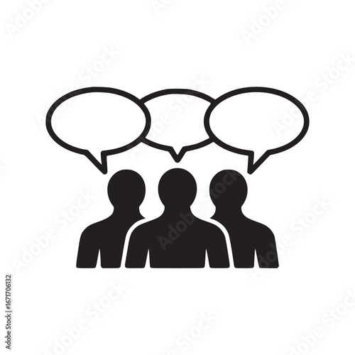 Three people silhouettes with speech bubbles above their heads in a black and white illustration