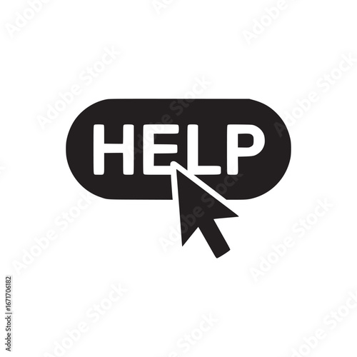 A black and white illustration of a help button with a cursor pointing at it on a white background