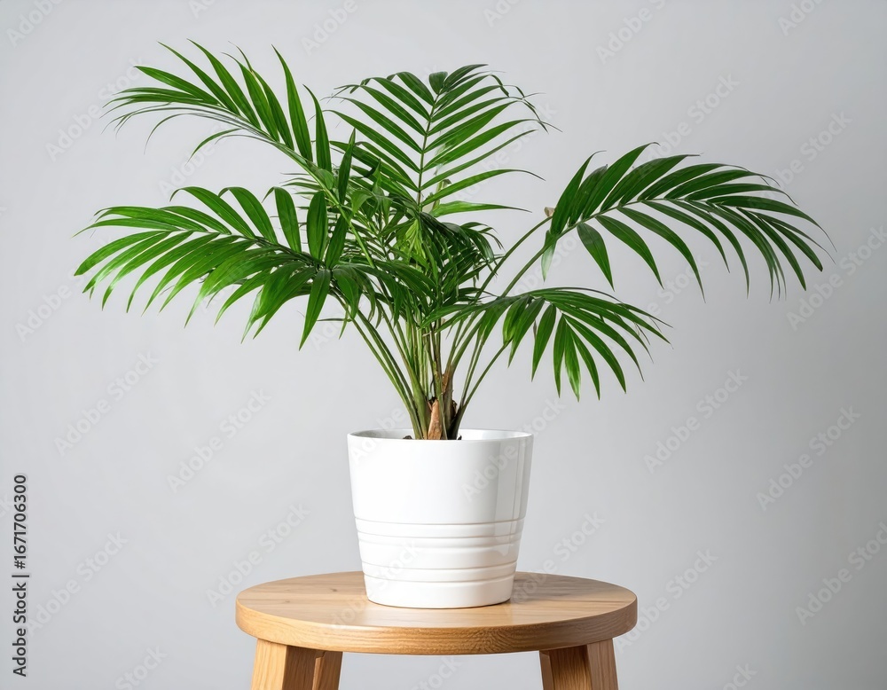 Obraz premium Contemporary Still Life of an Indoor Palm Plant on Wood Stool