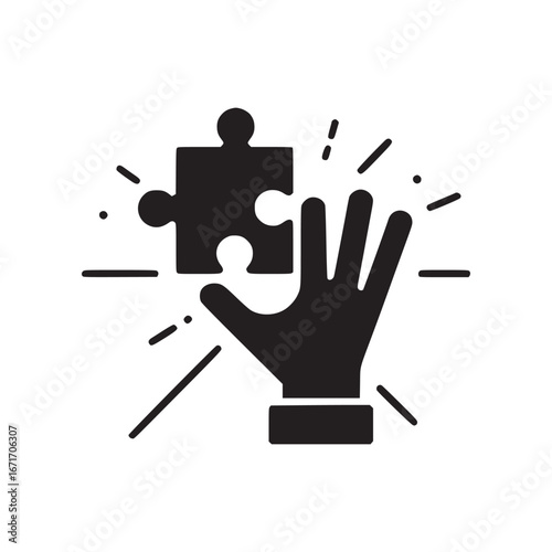 Black and white illustration of a hand reaching for a puzzle piece with radiating lines around it