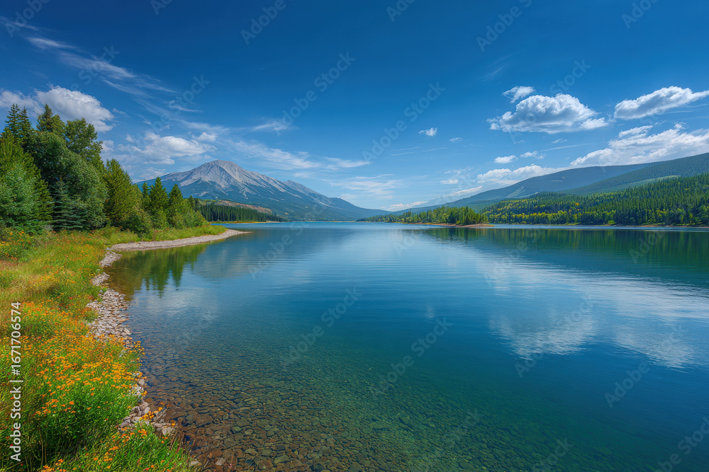 Fototapeta premium experience breathtaking beauty of alberta mountain lakes on hot summer day with crystalclear water reflecting
