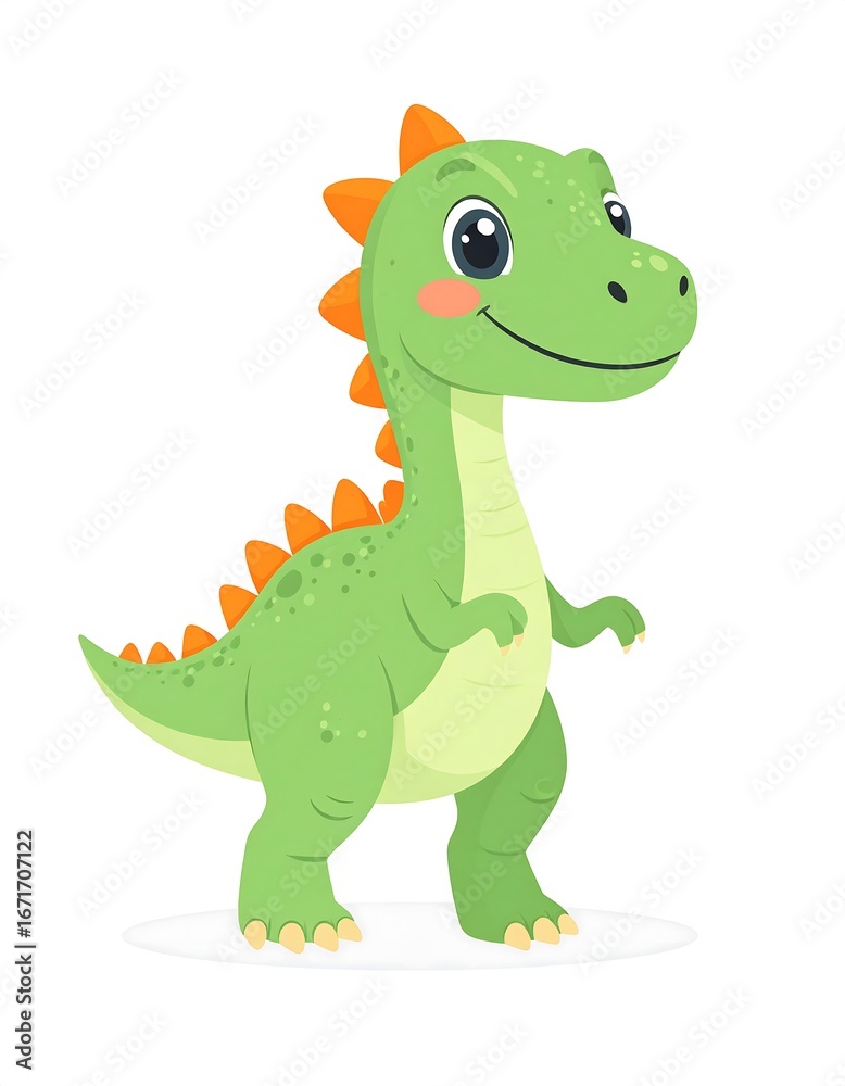 Naklejka premium A cheerful, cartoon dinosaur, rendered in vibrant green and orange hues, stands out against a simple white background, conveying a playful mood.