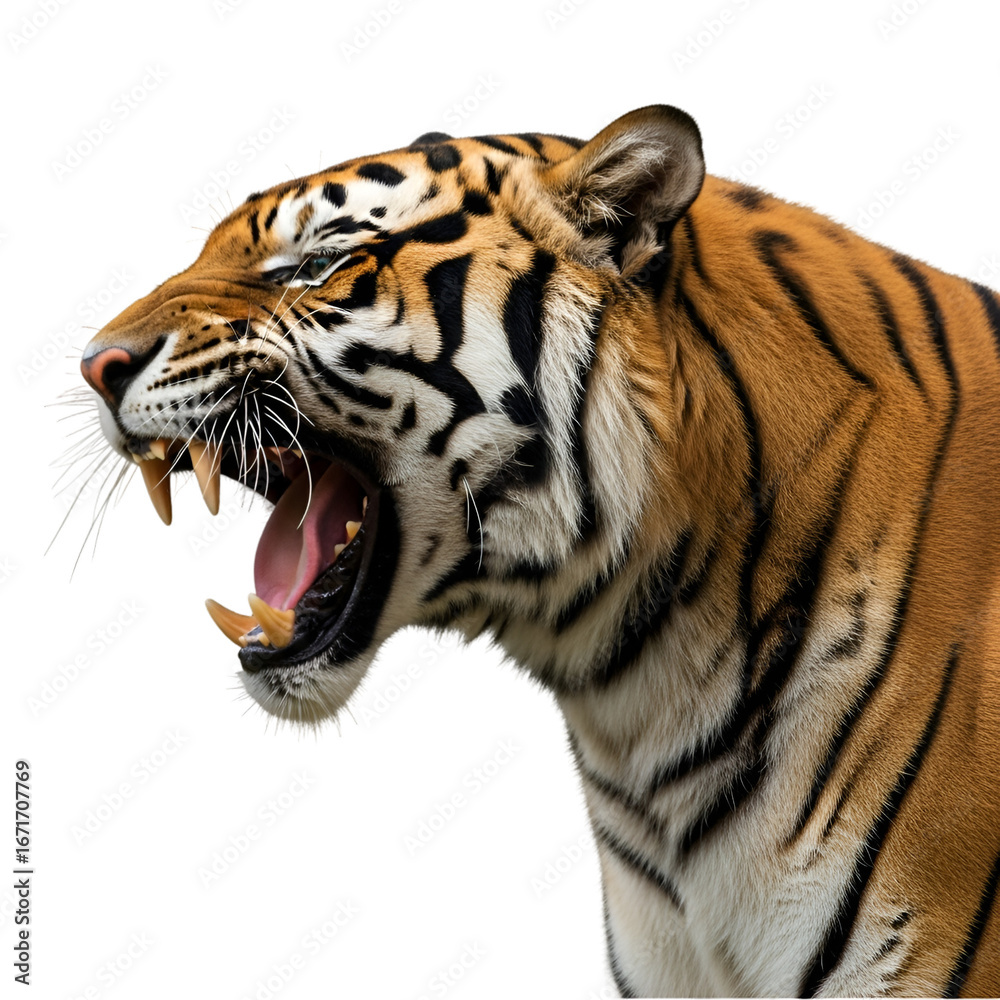 Naklejka premium A high-resolution PNG of a roaring Bengal tiger in side profile with mouth open and sharp teeth, isolated on white.