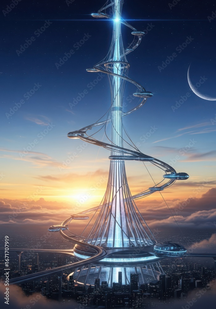 Fototapeta premium Futuristic skyscraper with a glowing spire reaching into the clouds