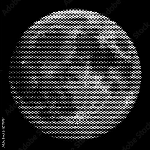 Moon with realistic detailed rugged surface texture in contrast halftone dot effect pattern. Grunge black and white styled dotwork. Pointillism. Noisy grainy shading using dots. Vector illustration
