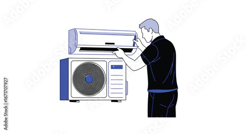 Man inspecting or repairing an air conditioning unit, examining the indoor and outdoor components.