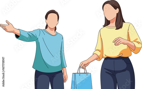 Two faceless women, one gesturing, the other carrying shopping bags, illustrated in a simple style.