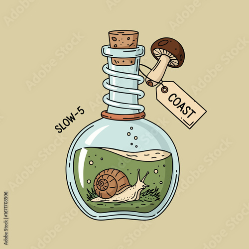 Snail Potion Bottle Illustration with Mushroom and Tag.