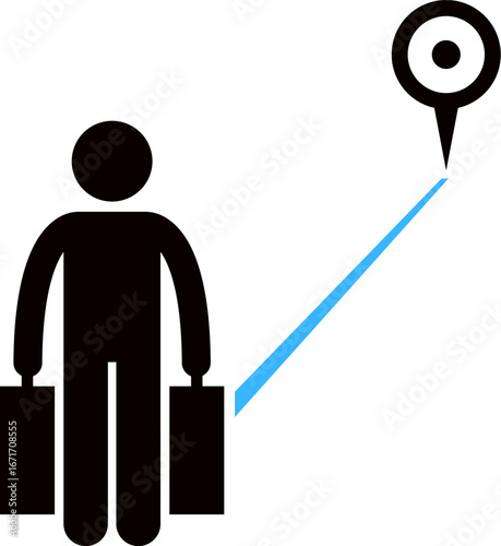 Traveler with destination sign.Silhouette of Traveler showing destination point. People Traveling Illustration. Vector illustration of A man traveler with suitcase, navigating his journey