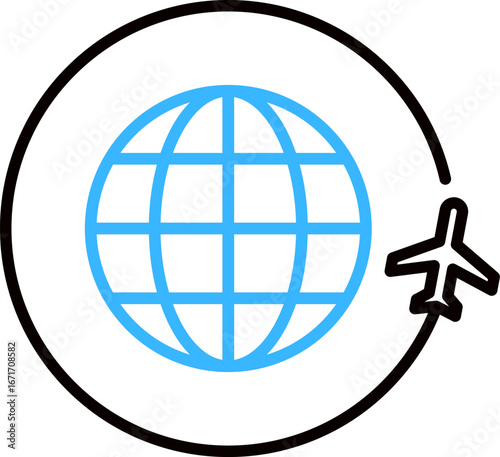 Vector icon of Travel around the world. globe with airplane icon. landmarks on the globe. Tourism trip concept. Journey in Vacation.