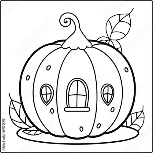 Enchanting Pumpkin Home A Whimsical Black and White Line Art Illustration for Coloring Books and Creative Projects