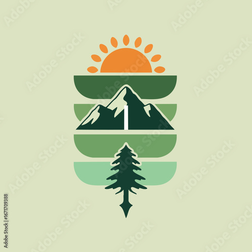 Scenic mountain landscape with sun and tree perfect for travel and adventure.