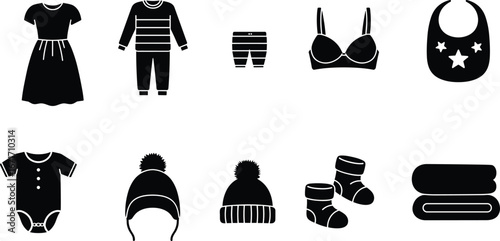Vector set of baby clothes and accessories including hats, socks, bodysuits, bibs, towels, and children’s outfit illustrations.