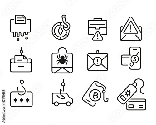 Set of outline icons related to scam, phishing. Linear icon collection