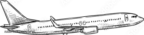 Hand drawing airplane in the sky. Hand-drawn sketch of a passenger airplane in flight with detailed design. Vector retro hand drawn illustration. Cargo plane