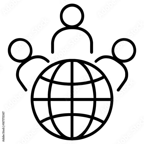 Minimalist black line icon of globe with people symbolizing global community connection