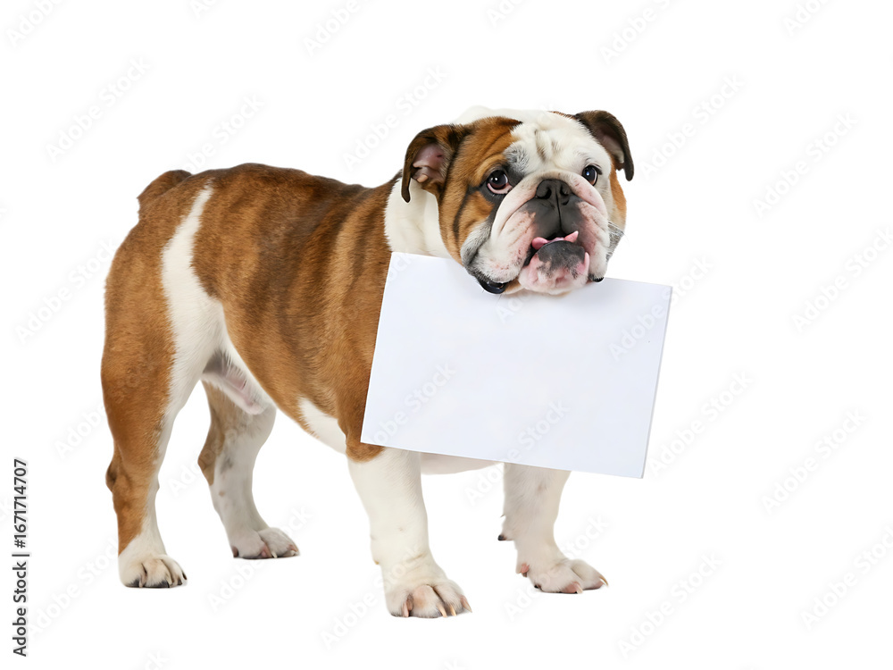 Obraz premium Adorable English Bulldog Holding a Blank White Sign Ready for Your Message Perfect for Pet Lovers and Advertising Campaigns with a Charming Canine Model Against a Clean Background