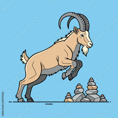 Stylized Ibex Jumping Over Rocks Dynamic Animal Illustration.