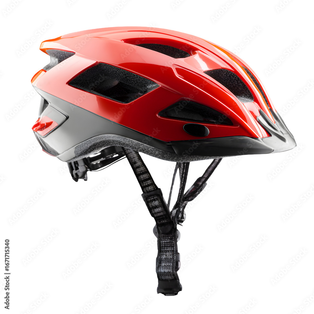 Fototapeta premium Bright red cycling helmet with adjustable straps for bicycle safety isolated on transparent background