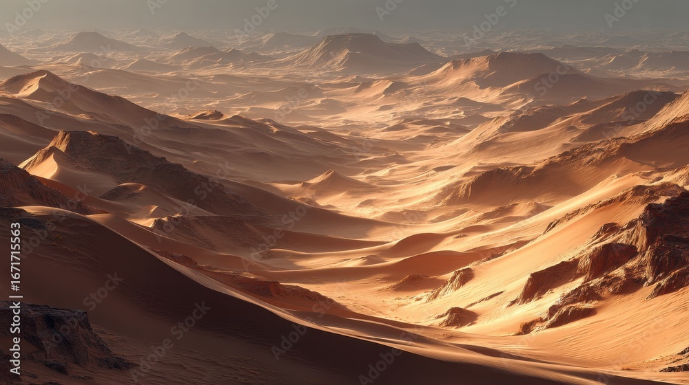 Naklejka premium Expansive desert landscape with rolling sand dunes under a soft golden light at sunset