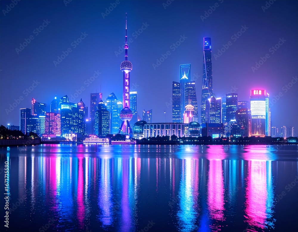 Obraz premium Futuristic Neon City Skyline Night Scene Illustration