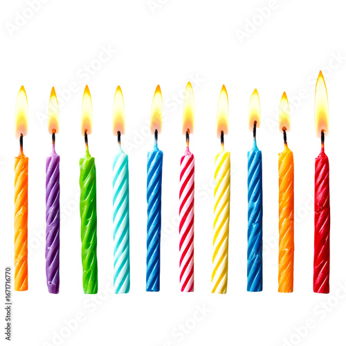A row of colorful lit birthday candles with twisted wax isolated on transparent background