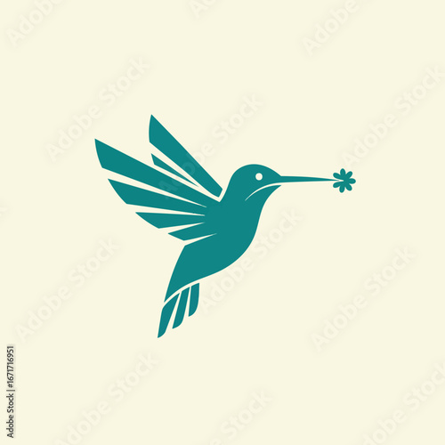 Teal Hummingbird with Flower: Simple and Elegant Design.