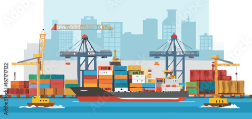 A cargo ship and cranes are positioned in front of a bustling city skyline, showcasing urban industry and commerce.
