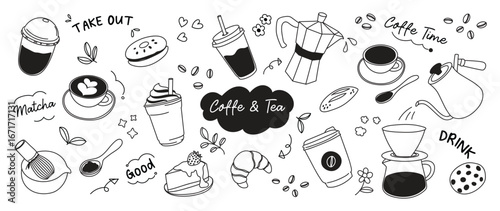 Set of cute cafe menu doodle elements vector. Hand drawn collection of coffee, cake, matcha, bread, croissant, cookies, tea, latte art Design for print, cartoon, wallpaper, restaurant, cafe, sticker.