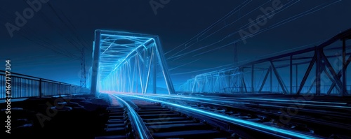 Futuristic train bridge in neon blue, with glowing light trails, at night