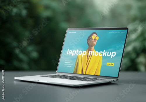 A laptop on a table in a natural forest environment mockup