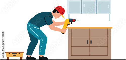 A man using a drill to repair a cabinet, focused on his task in a well-lit workshop.