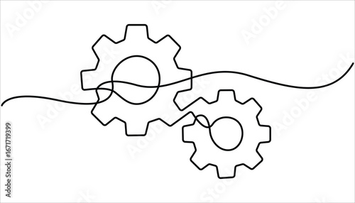 Setting icon continuous one line drawing vector illustration. Gears wheel symbol technology, continuous one line drawing, moving cog gears for business teamwork concept. 