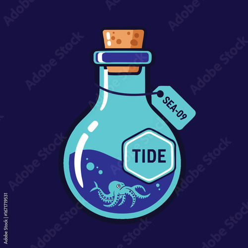 Glass bottle with cork stopper containing blue liquid and an octopus inside labeled Tide.