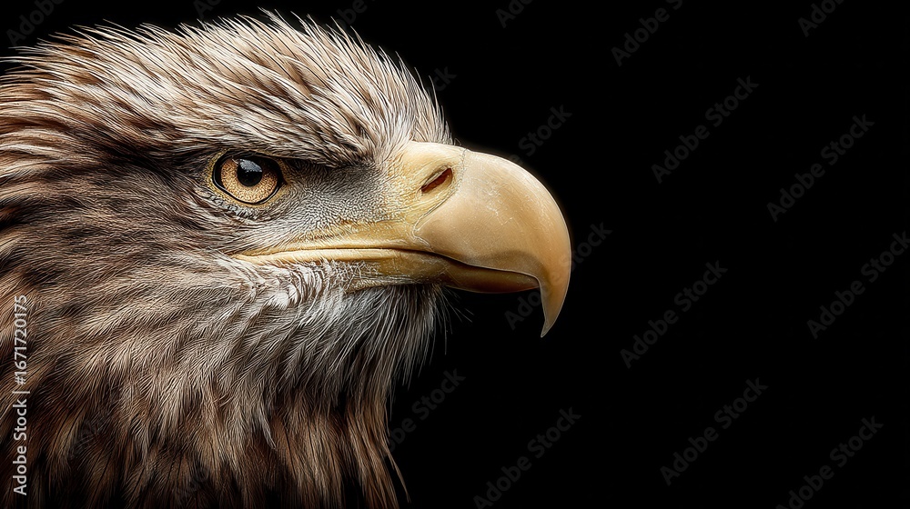 Fototapeta premium Majestic eagle profile against a black background, showcasing its sharp gaze and powerful beak