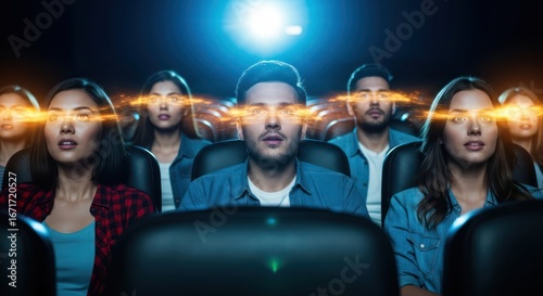 Engrossed audience captivated by radiant movie screen spectacle in cinematic setting