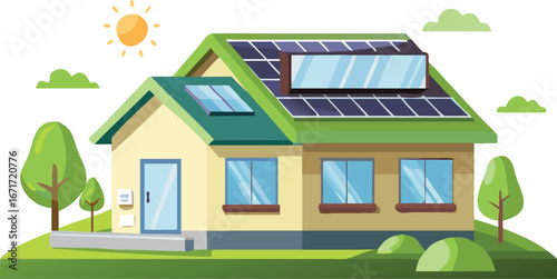 Solar panels installed on the roof of a modern house, showcasing renewable energy use in residential architecture.