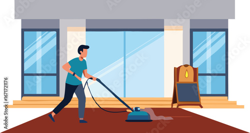 Man using a vacuum cleaner to clean the floor in a tidy room.