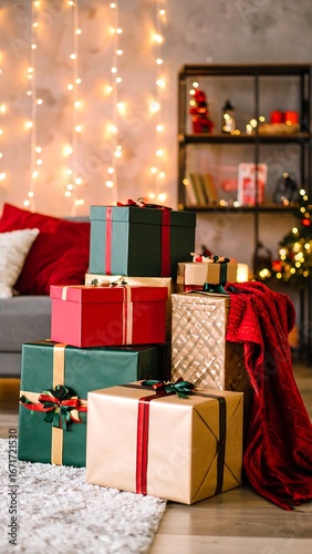 Christmas presents stacked in a cozy home